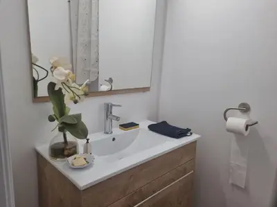 a bathroom with a white sink and a mirror at Vue magique in Sallanches