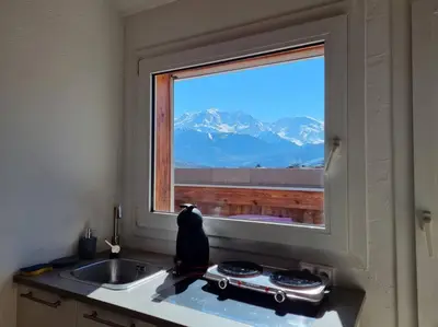 a kitchen with a window with a view of a mountain at Vue magique in Sallanches