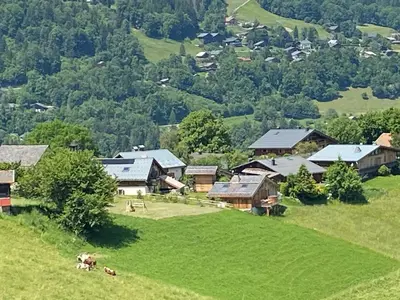 a group of houses on a hill with cows in a field at chalet du Champel jacuzzi in Saint-Gervais-les-Bains