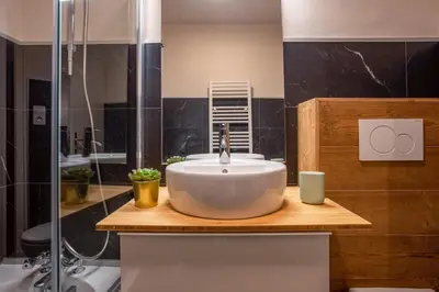 a bathroom with a white sink and a shower at Le Cry - Cosy studio 2pax - Free Parking - 5mn City Center in Chamonix-Mont-Blanc