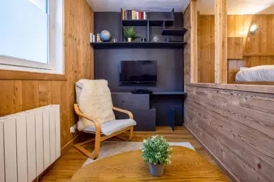 a room with a chair and a tv and a bed at Le Cry - Cosy studio 2pax - Free Parking - 5mn City Center in Chamonix-Mont-Blanc