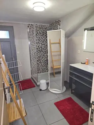a bathroom with a shower and a sink and a mirror at Appartement hyper centre, idéal pour 4 pers possibilité 6 couchages in Chamonix-Mont-Blanc