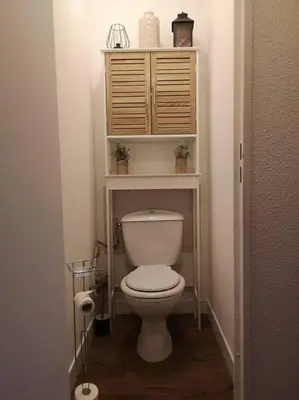 a bathroom with a toilet with a shelf above it at Appartement rénové avec parking plein centre in Samoëns