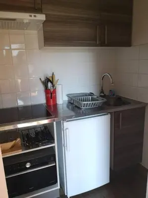a kitchen with a sink and a stove top oven at Appartement rénové avec parking plein centre in Samoëns