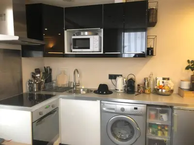 a kitchen with a washing machine and a microwave at Appartement au pays du Mont-Blanc in Sallanches