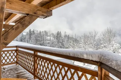 a winter view from the balcony of a cabin at Chalet neuf La Perle du Perron in Cordon