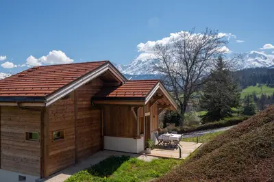 a wooden cabin with mountains in the background at Chalet neuf La Perle du Perron in Cordon