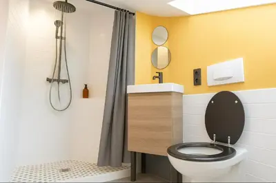 a bathroom with a toilet and a shower at Bright apt facing the Mont Blanc chain in Les Houches