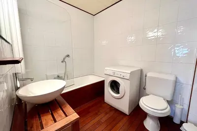 a bathroom with a washing machine and a toilet at Évasion au Sommet in Combloux